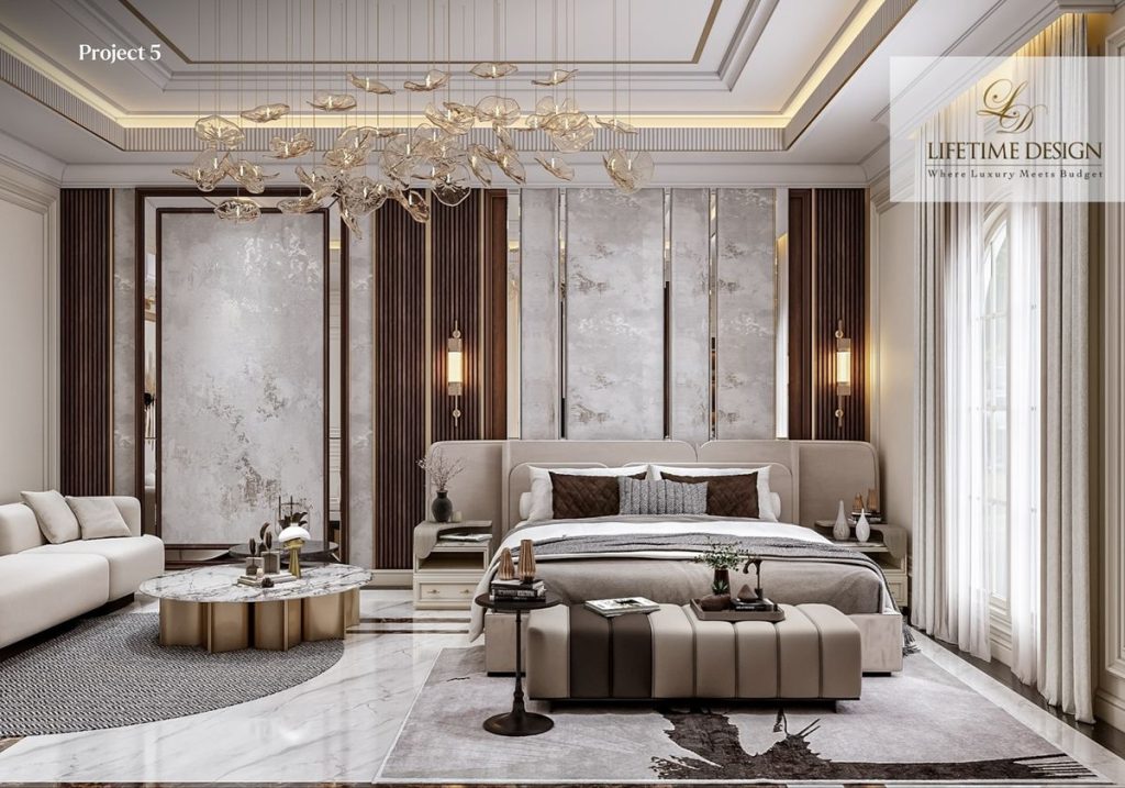 kamar tidur luxury dengan material marmer dan pencahayaan lembut