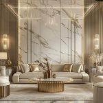 ruang tamu luxury dengan lampu gantung kristal dan sofa elegan